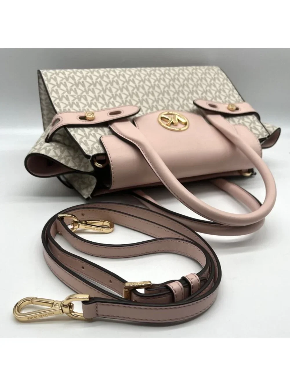 Michael Kors Carmen Vanilla/Powder Blush Signature Canvas Medium Belted Satchel